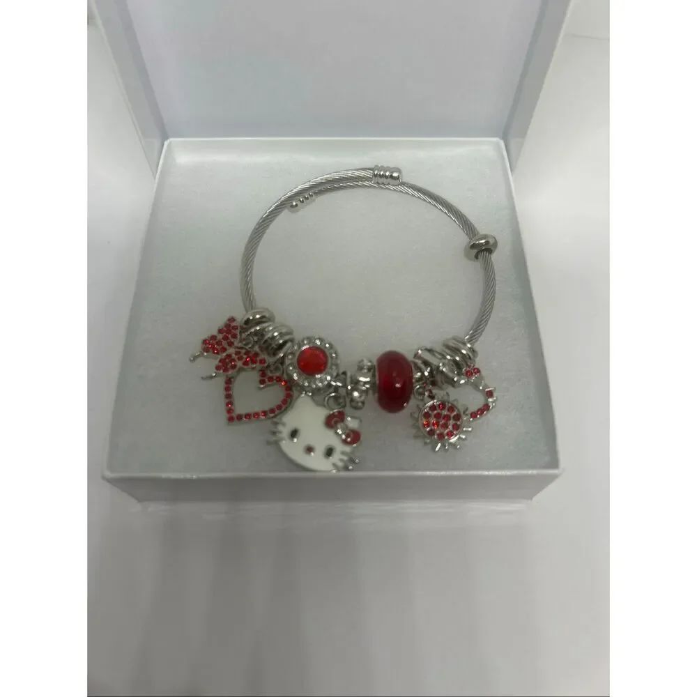 ❤️ Hello Kitty Red Charm Bracelet – Silver Tone – Rhinestones & Beads – Gift Box